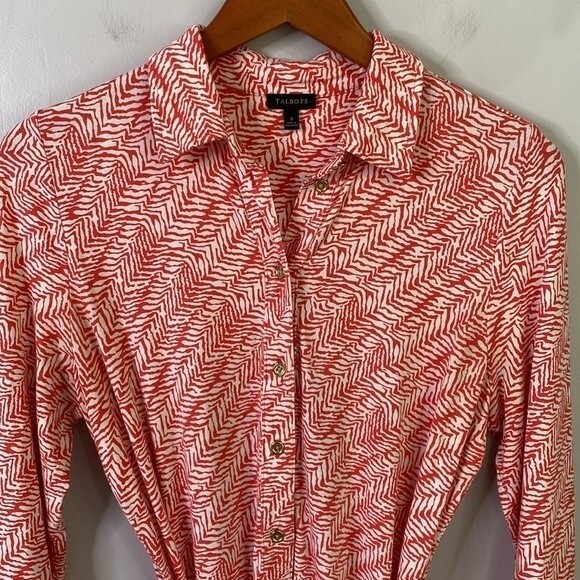 Talbots Leopard Tie-Waist Button Front Midi Shirt Dress 3/4 Sleeve Viscose Coral - Picture 7 of 16